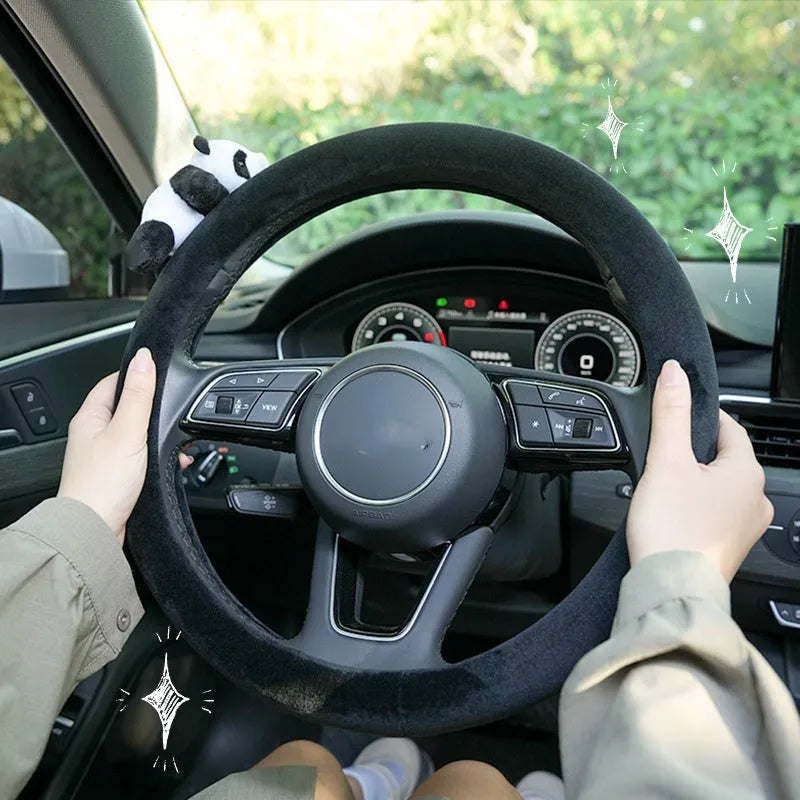 Plush black panda steering wheel cover with matching shoulder pad for 38cm diameter wheels