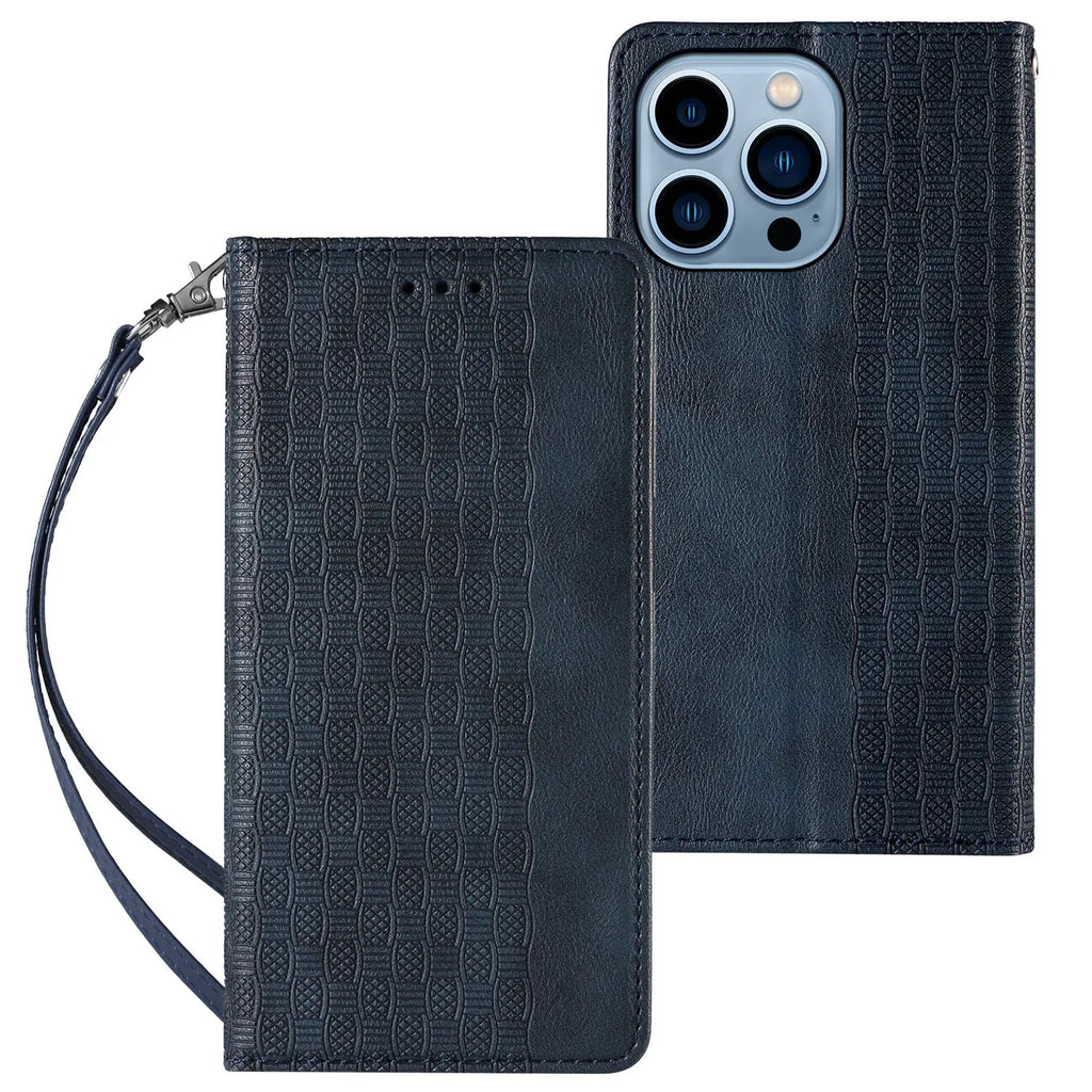 Embossed leather flip phone case for iPhone showing texture detail and flip cover design