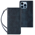 Embossed leather flip phone case for iPhone showing texture detail and flip cover design