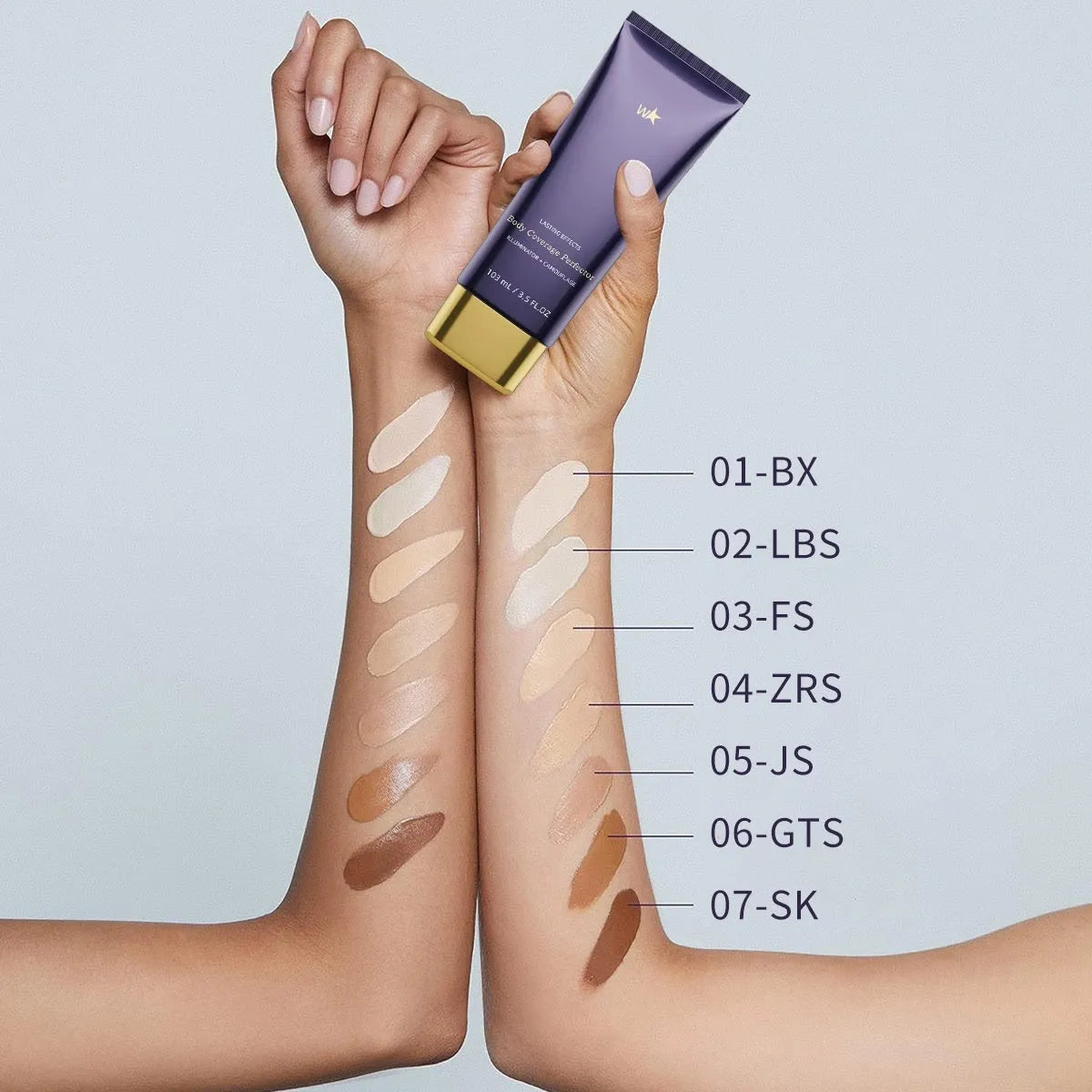 Waterproof body tattoo concealer cream tube with built-in brush in seven radiance shades