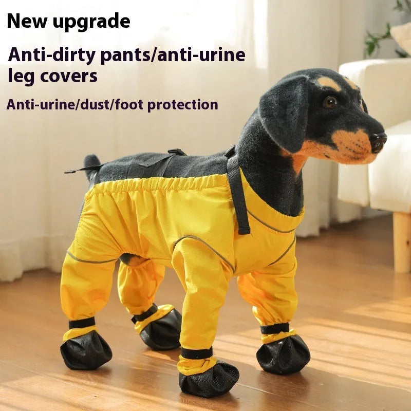 Pet anti-dirty pants dog shoe cover in blue polyester, side view, casual style for outdoor use