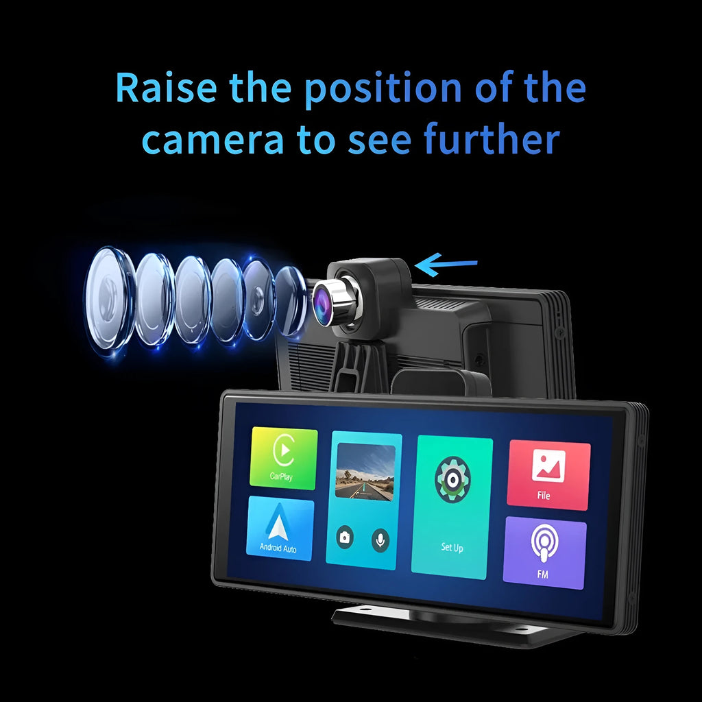 12-inch touch screen car DVR on dashboard showing split-screen view of front and rear camera footage