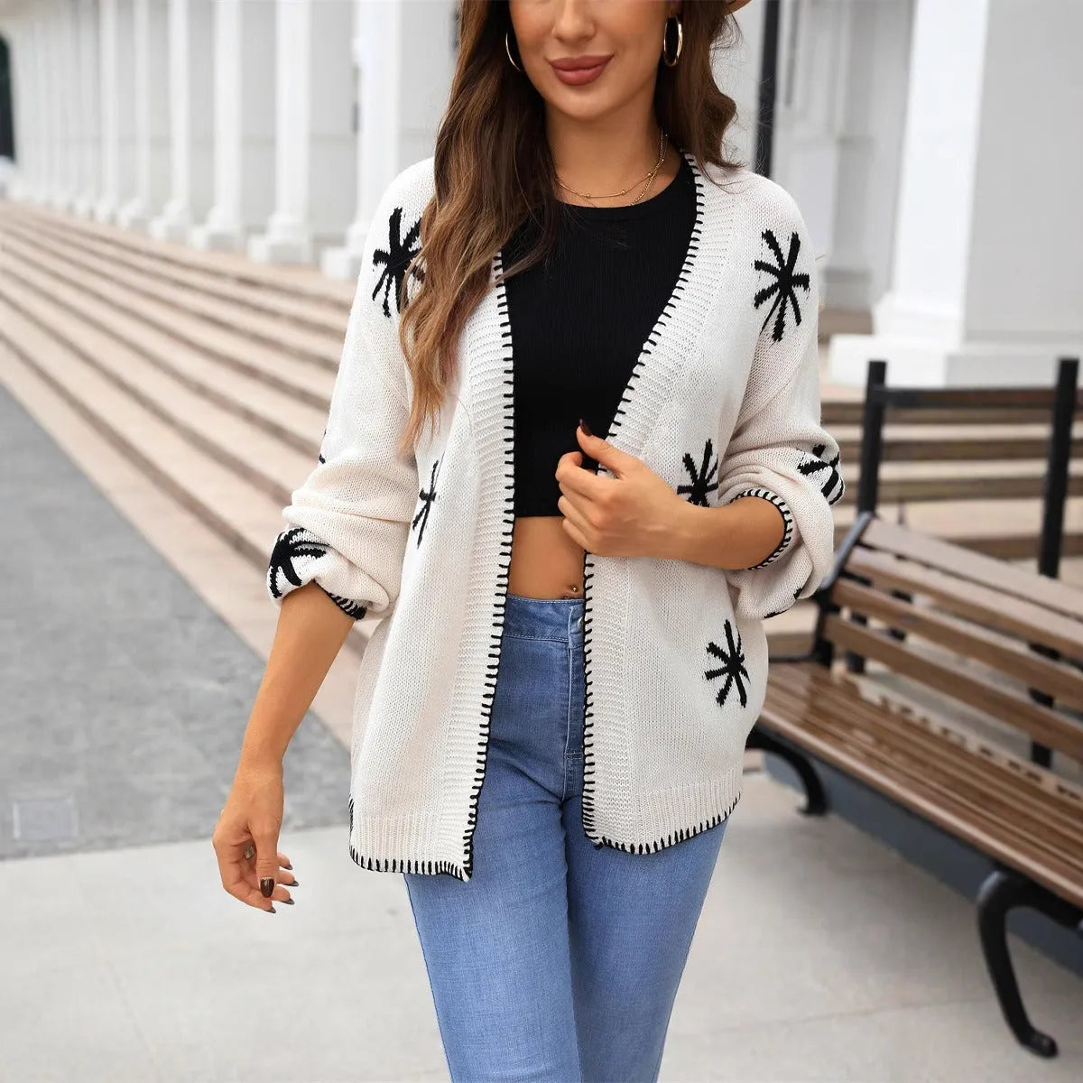 Beige plus size women's knitted coat with floral jacquard pattern and off-neck collar.