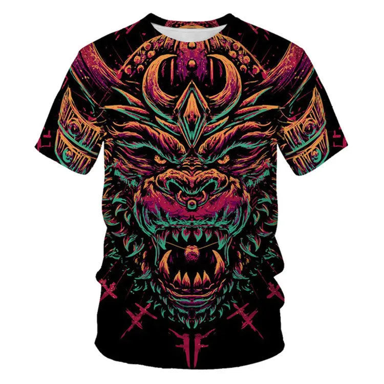 Mens black 3D digital print short sleeved T shirt, no-collar, polyester fibre, sporty style, size XXS to 4XL