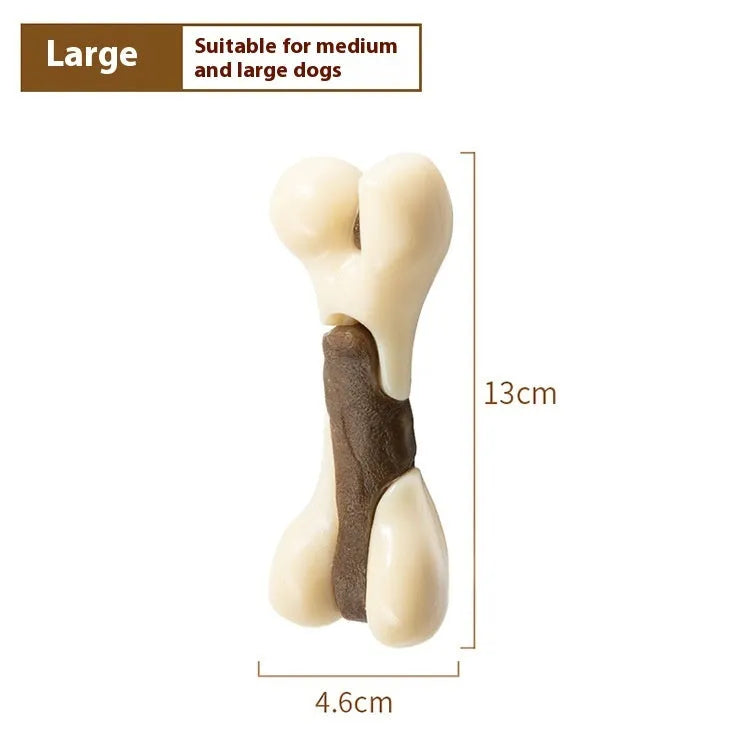 Dog chew toy grinding rod in foodie bones pattern with cowhide and nylon construction