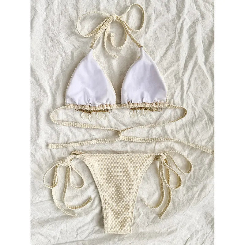 Women's halter neck lace-up bikini swimsuit in milky white, green, or white with briefs bottom