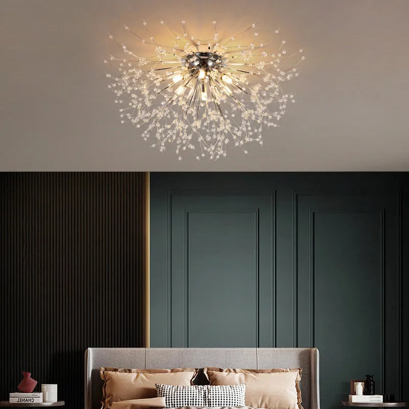 Dandelion pattern crystal ceiling lamp with wrought iron frame and chrome finish