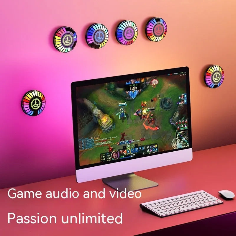 Black square desktop RGB ambience light with magnetic base for car dashboard.