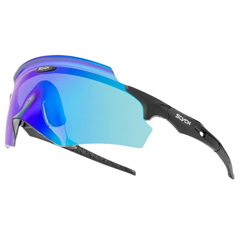 Frameless integrated lens athletic sports goggles in a colourful style on a solid background.