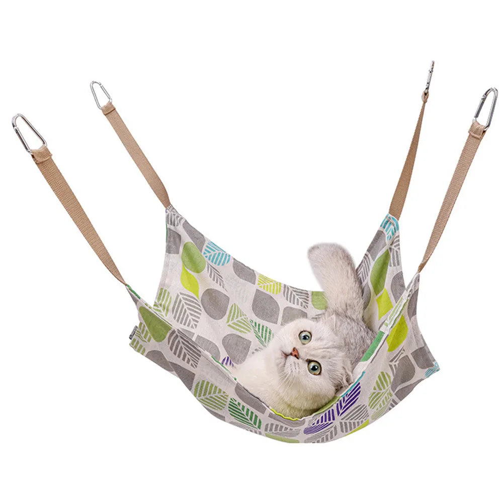 Yellow multicolour cotton linen cat hammock bed with hanging hook, measuring 47cm square.
