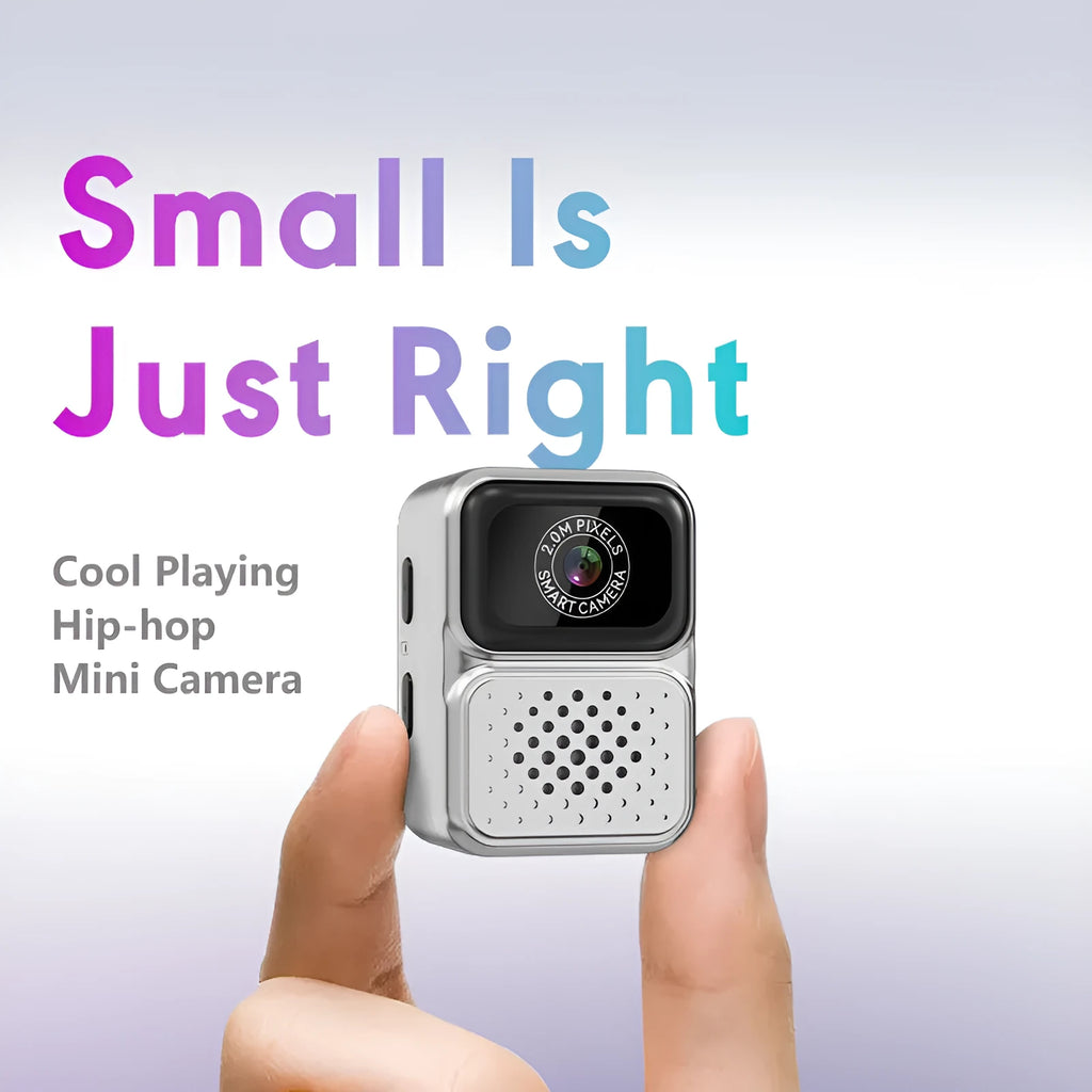 Mini sports camera HD video thumb camera in black plastic body with lens and mode button