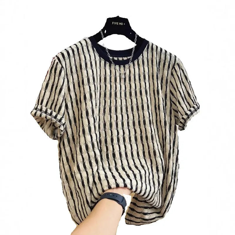 Black and white striped men's casual linen blend shirt with short sleeves and a loose fit.