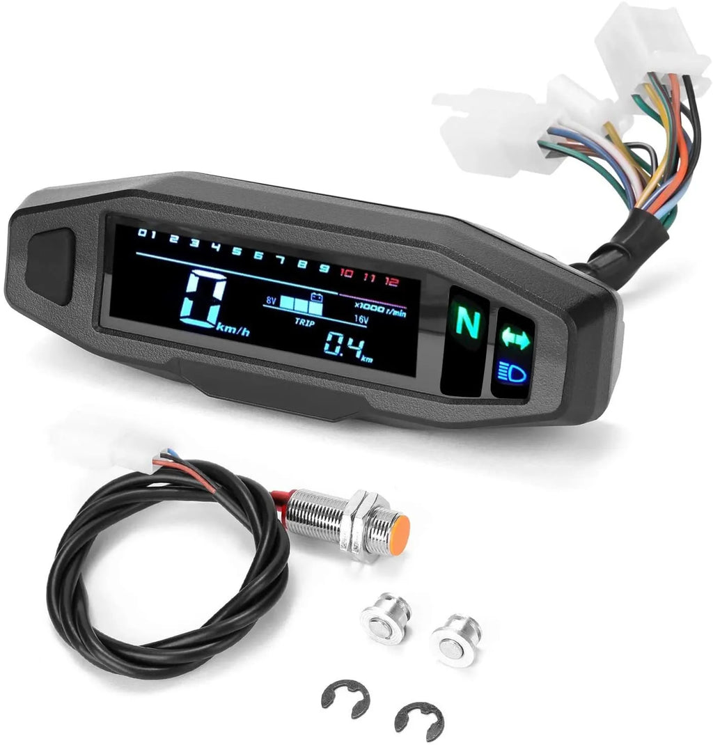 Black motorcycle mini LCD speedometer and oil gauge with white backlight display.