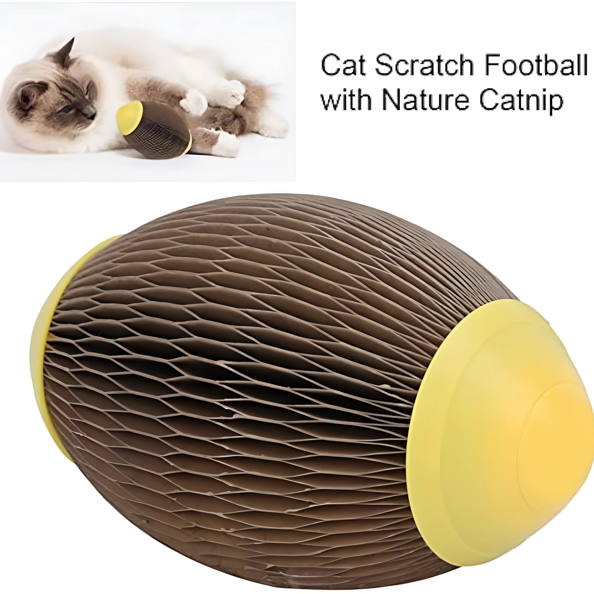 Elliptical corrugated paper catnip ball toy for scratching and play.
