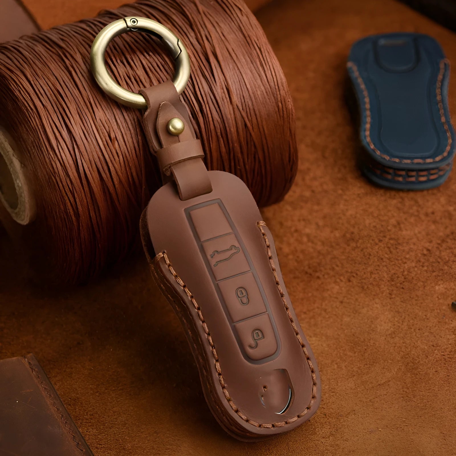 Genuine cowhide leather Porsche key cover in retro style for 3-key or 4-key fobs