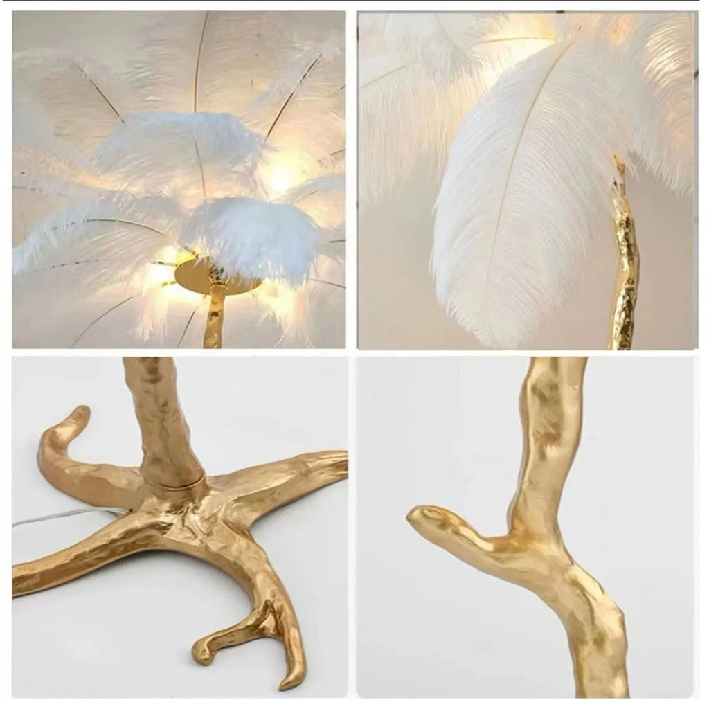 170cm tall decorative floor lamp with resin feathers in dark green, pink or white colours
