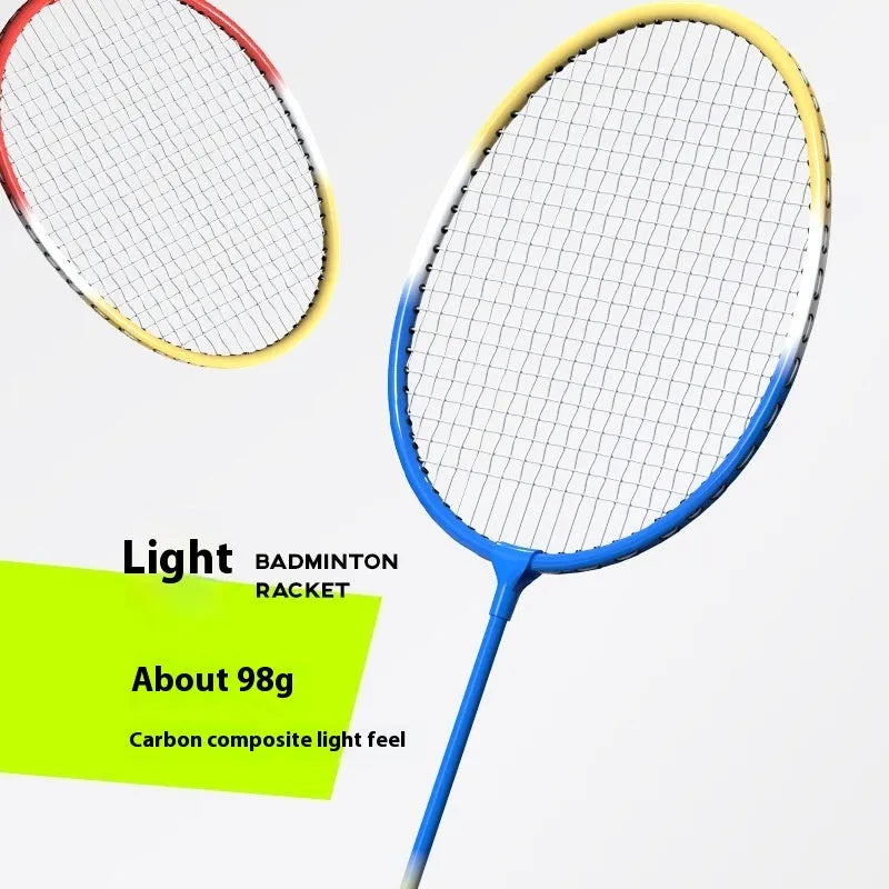 Pair of blue and red split-design alloy badminton rackets with a protective carry case.