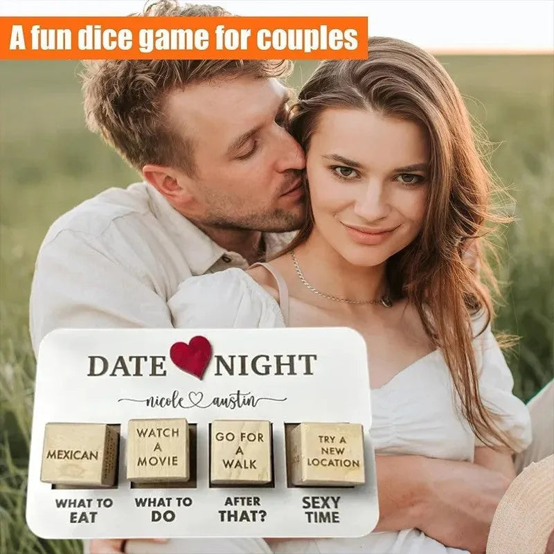 Wooden date night dice set showing five dice, planner board and black storage bag for couples