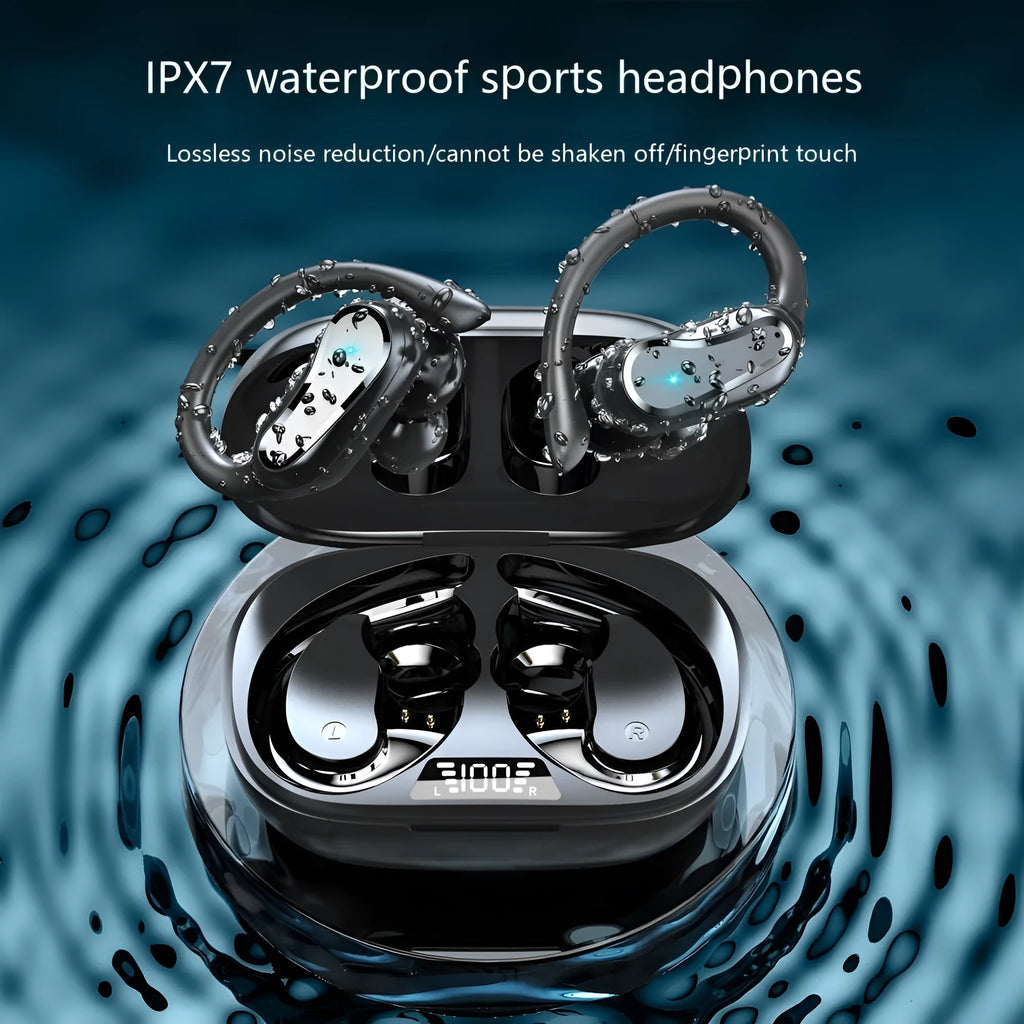 Black IPX7 waterproof ear-mounted sports wireless Bluetooth headset with silicone ear hooks and charging case