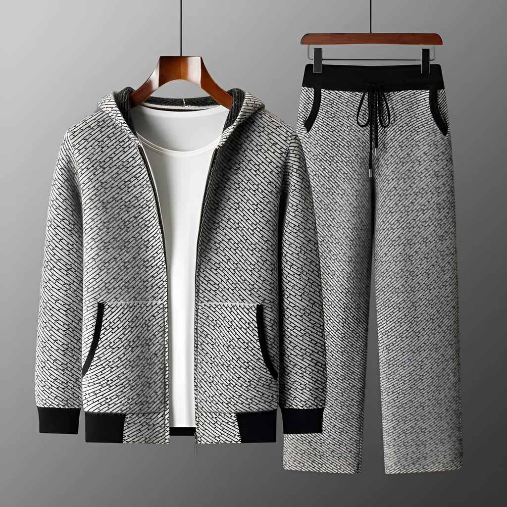 Men's hooded sweater cardigan set with long sleeve top and matching trousers in black, blue, and camel