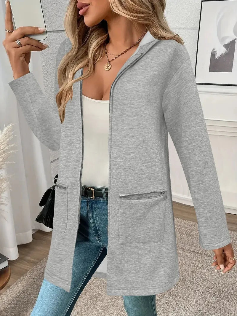 Women's loose grey cardigan coat with pockets and regular sleeves