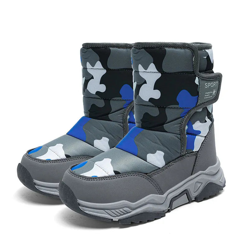 Children's high-top cotton boots in camouflage colour with hook-and-loop strap
