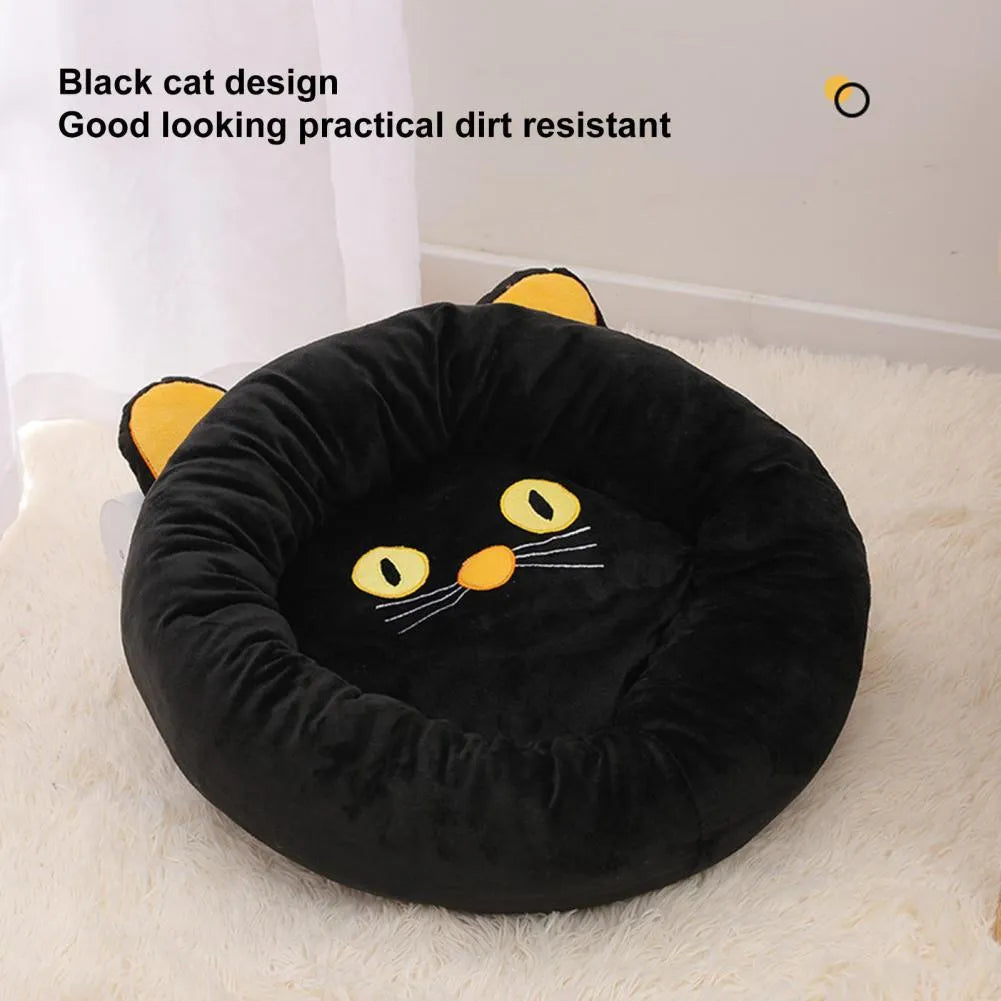 Black cat shape velvet pet nest bed with raised edges for head support