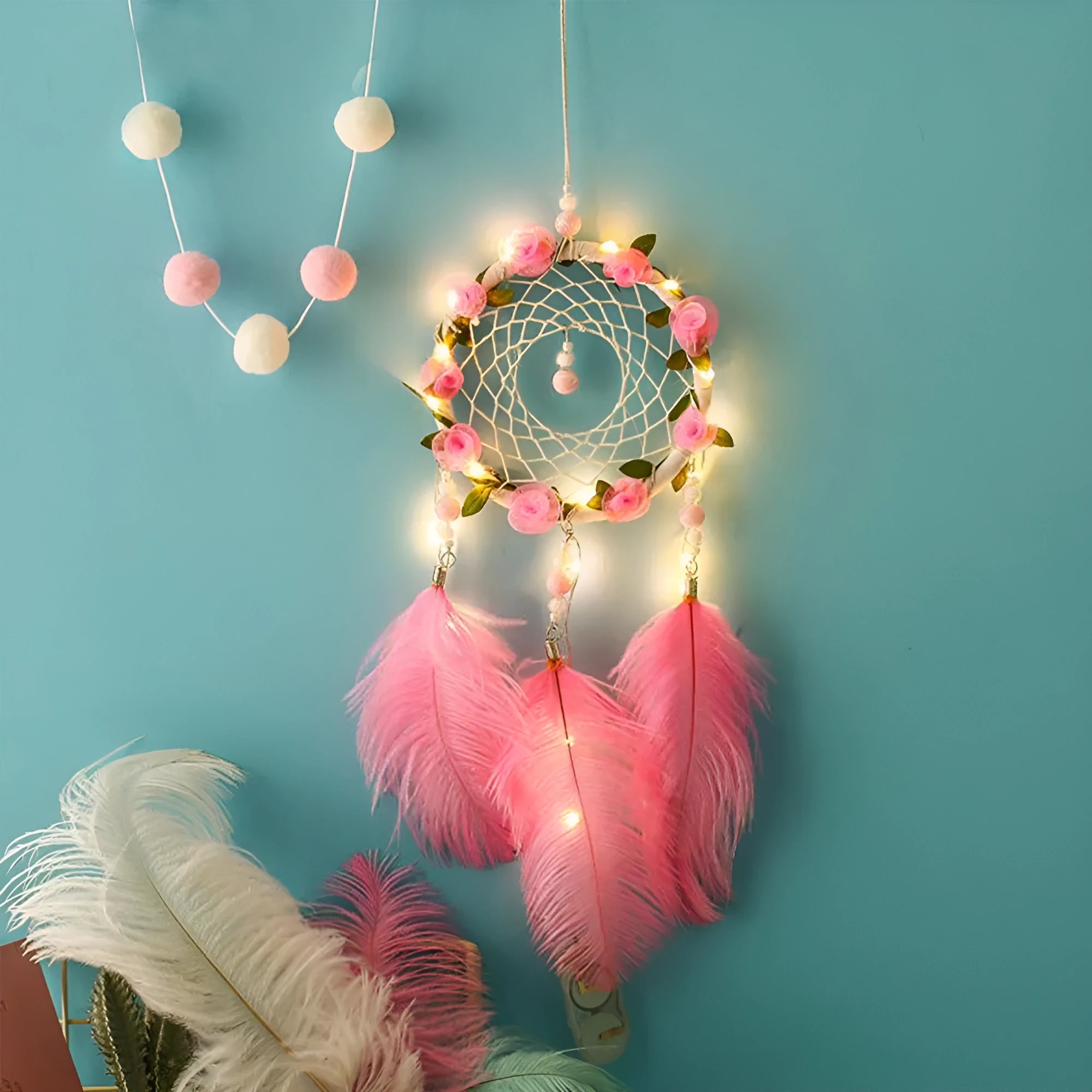 10cm pink ostrich feather dreamcatcher wall ornament with modern minimalist design