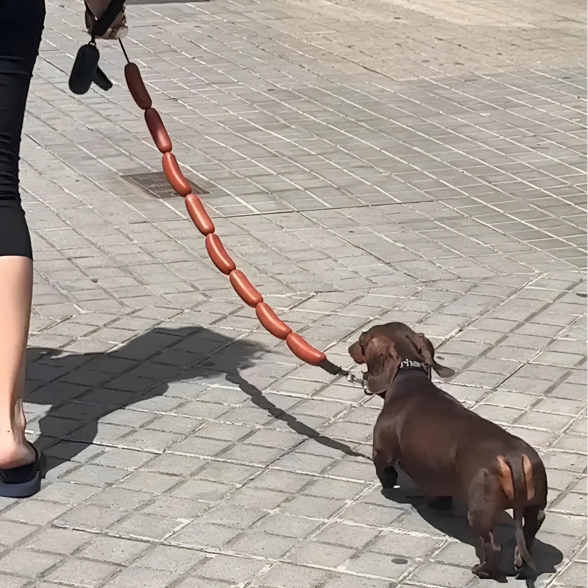 Brown fabric cat play rope with sausage-shaped sections and a grip tape handle, shown at full 108cm length.