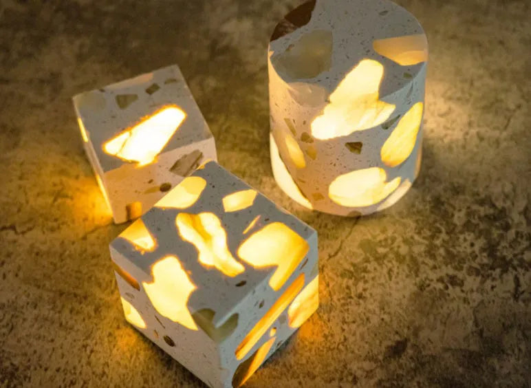 Terrazzo nightlight with tri-colour dimming on bedside table