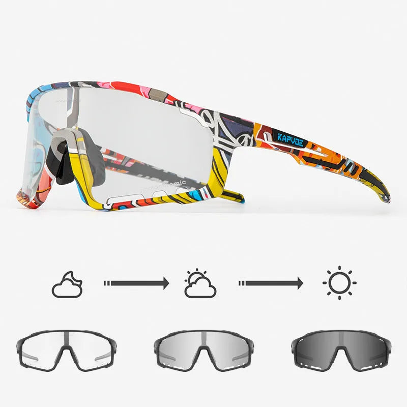 Photochromic cycling sunglasses with semi-rimless TR90 frame in one of 14 colour options.