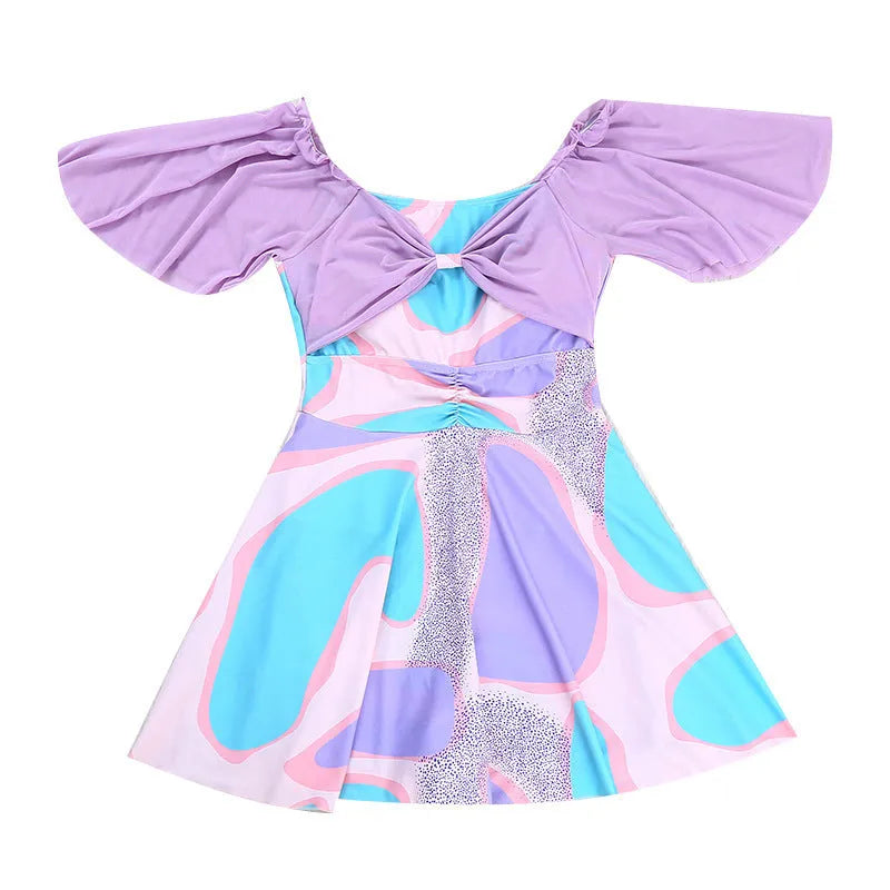 Women's high-waist floral one-piece swimsuit in light purple or light blue colours