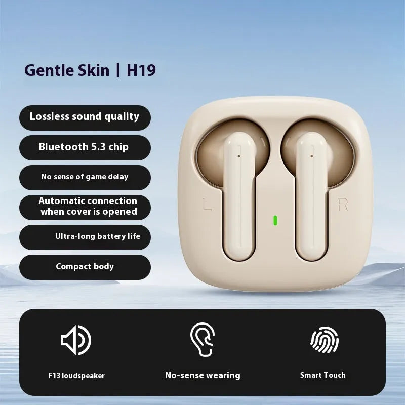 H19 private model mini wireless Bluetooth earbuds in black with noise reduction and charging case