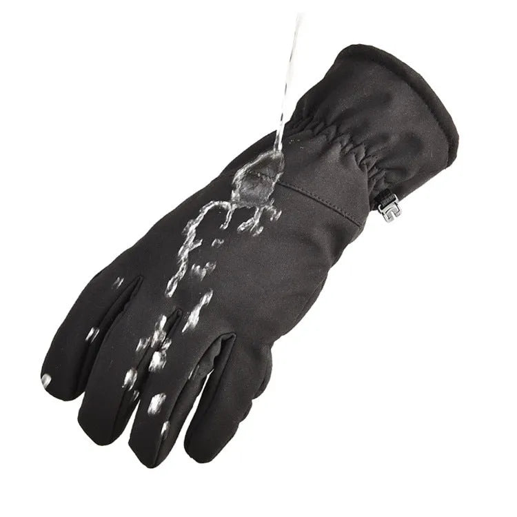 A pair of tactical camouflage ski gloves with a non-slip palm and touch-screen fingertips on a neutral background.