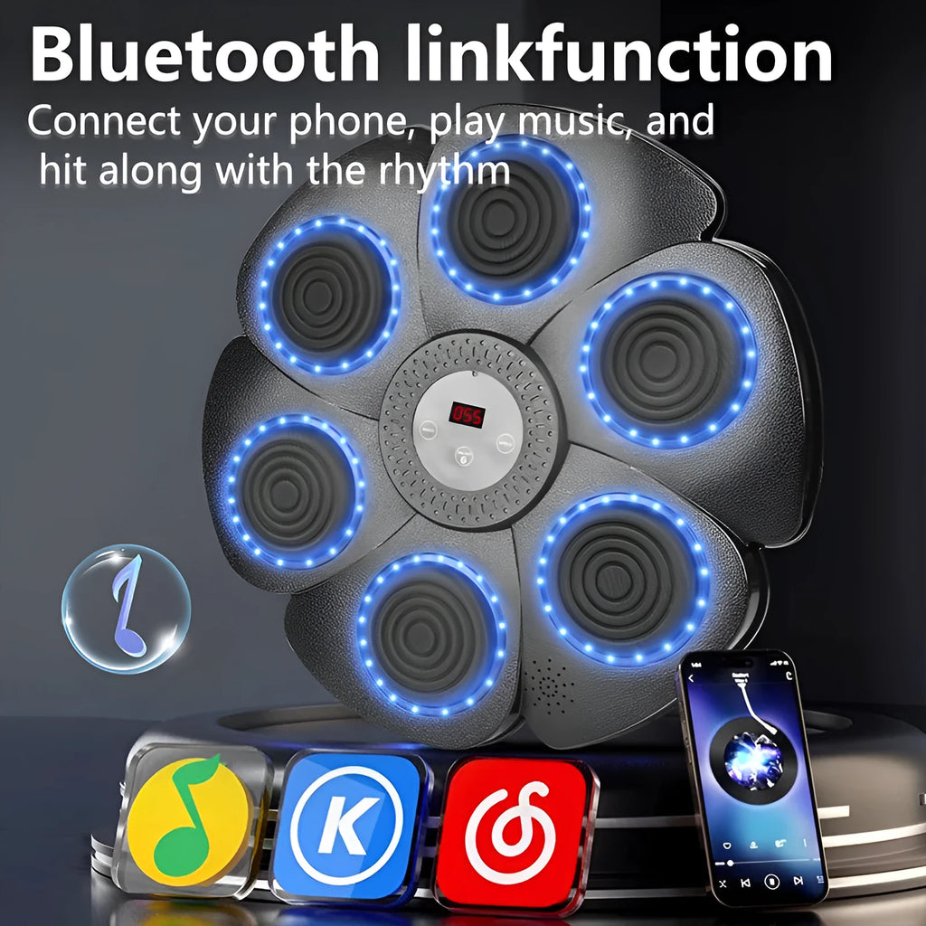 Black plastic smart boxing wall target with LED lights and included half-finger gloves.