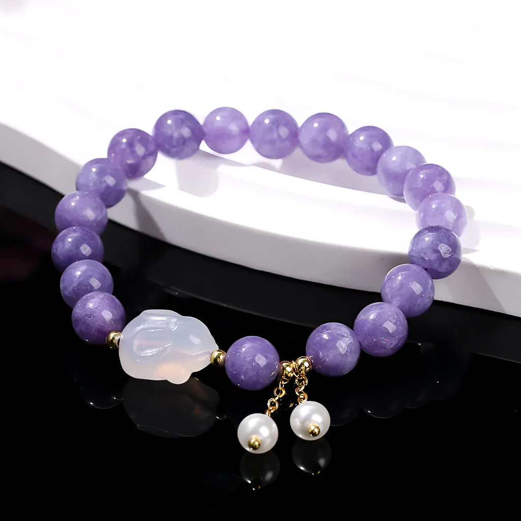 Purple aquamarine agate rabbit bracelet with geometric bead design and round elements