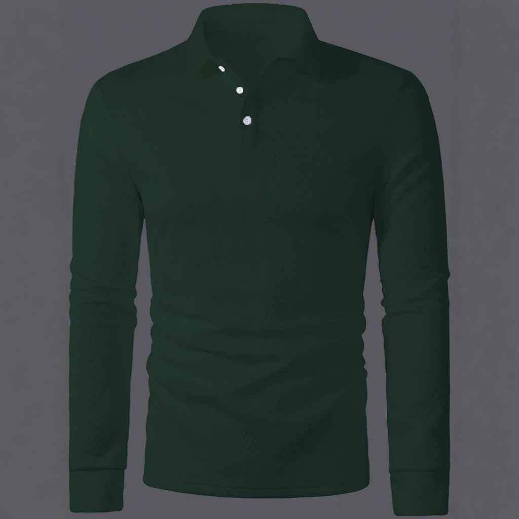 Men's solid colour long sleeve polo shirt with lapel collar in black, loose fit polyester fabric