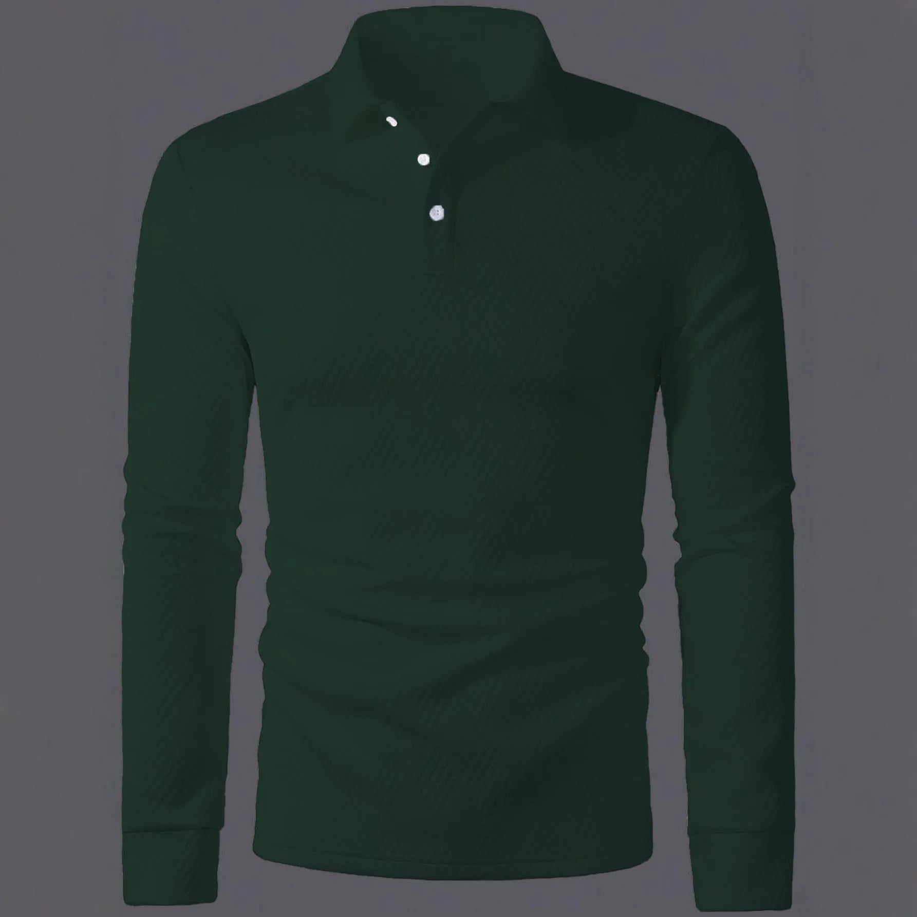 Men's solid colour long sleeve polo shirt with lapel collar in black, loose fit polyester fabric