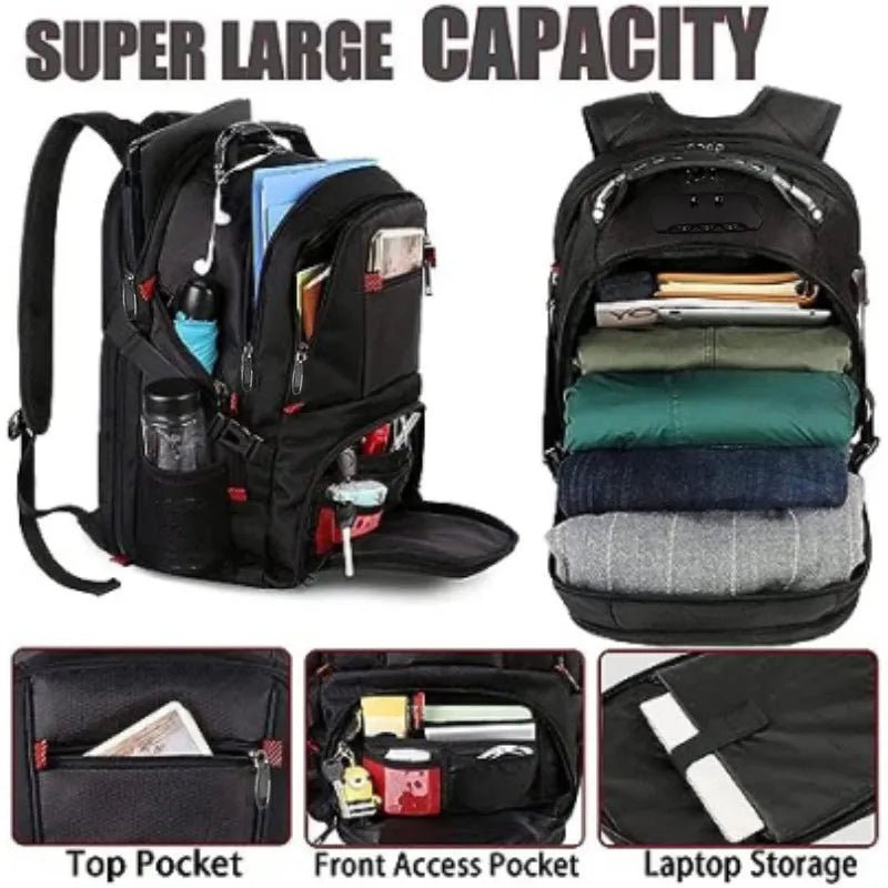 Large black USB backpack with curved shoulder straps showing front compartment and Oxford cloth material