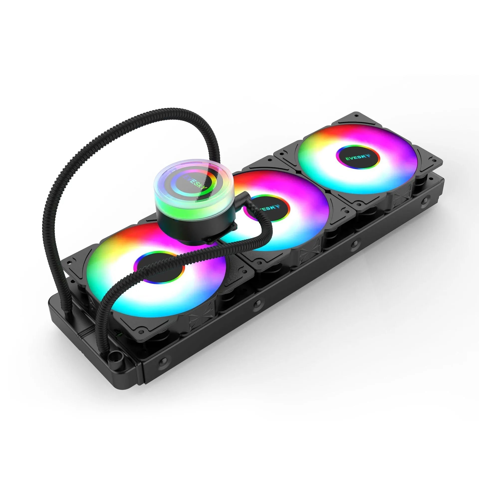 Aluminium CPU radiator with RGB fan in 120mm, 240mm, and 360mm sizes for quiet PC cooling.