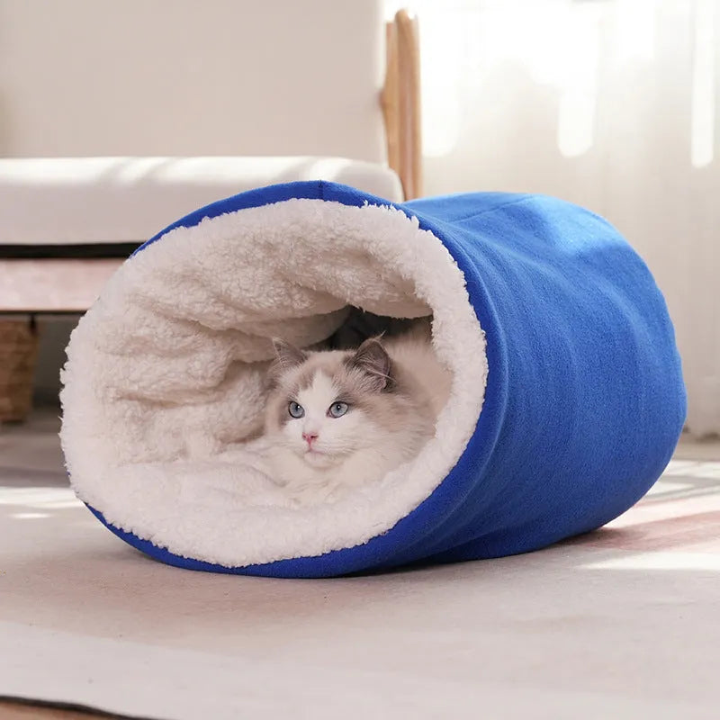 Semi-enclosed cloth cat nest for winter, available in small or large sizes and blue or gray colours