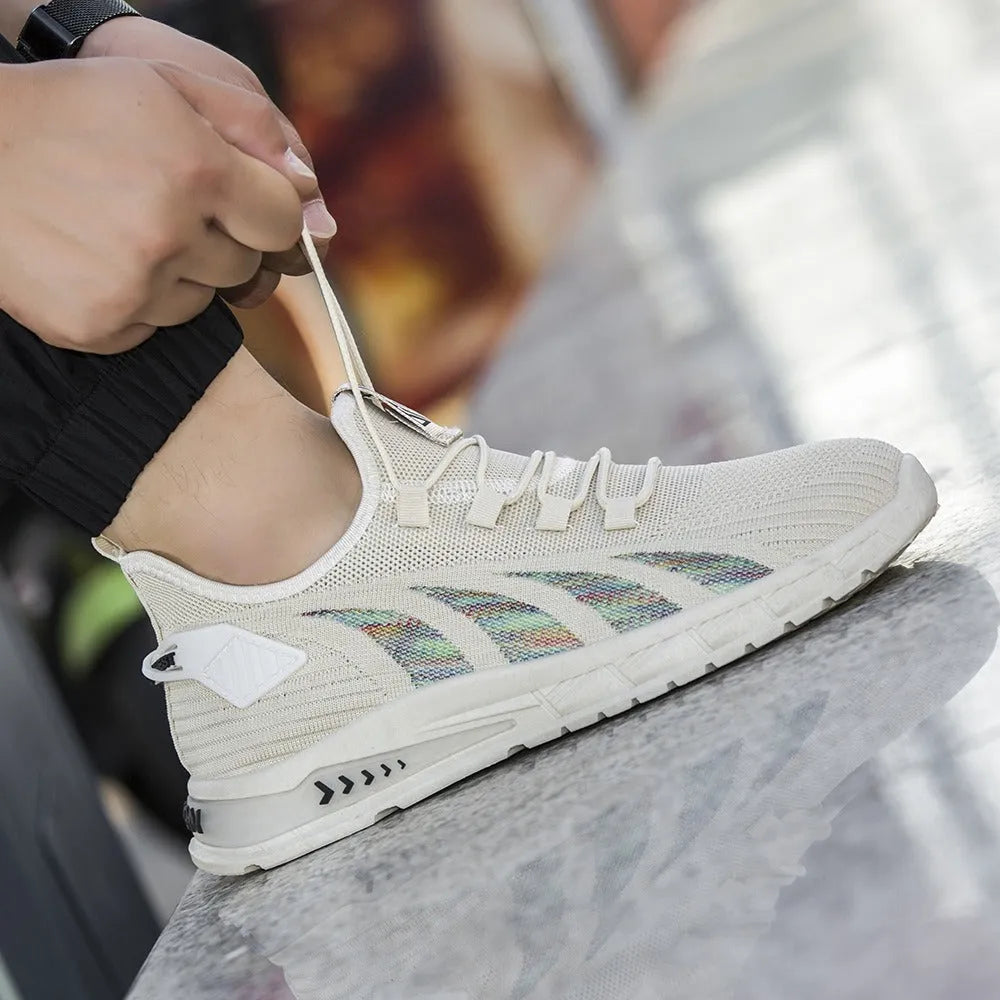 Men's low-top casual sneakers with mesh surface, striped pattern, and fat foot design in multiple colour options