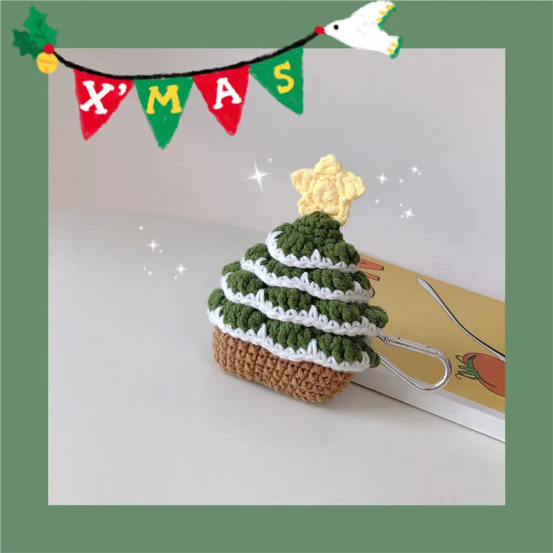 Green knitted Christmas tree Bluetooth headset case for Apple AirPods with hook, flip-style lid