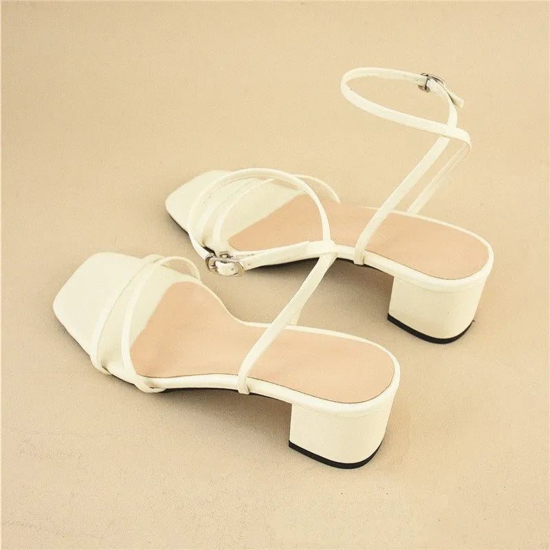 Beige women's square toe stiletto sandals with chunky heel and ankle buckle