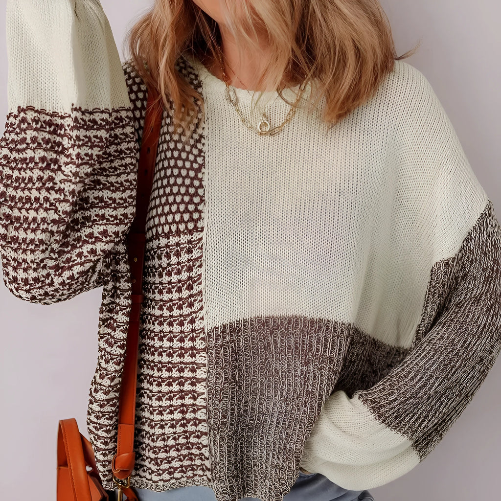 Dark Khaki women's loose sweater with colour block design and back tie detail.