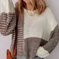 Dark Khaki women's loose sweater with colour block design and back tie detail.