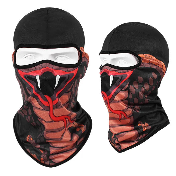 Motorcycle rider wearing a black skull print Bakool silk balaclava for sun protection.