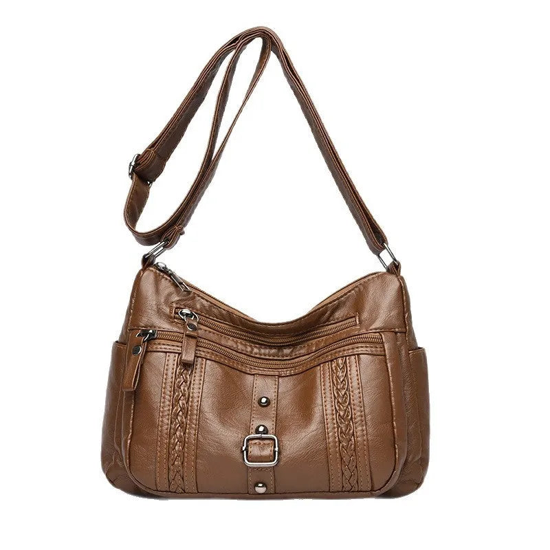 Fashionable versatile new soft PU shoulder messenger bag in horizontal square shape with slit pocket, available in five colours