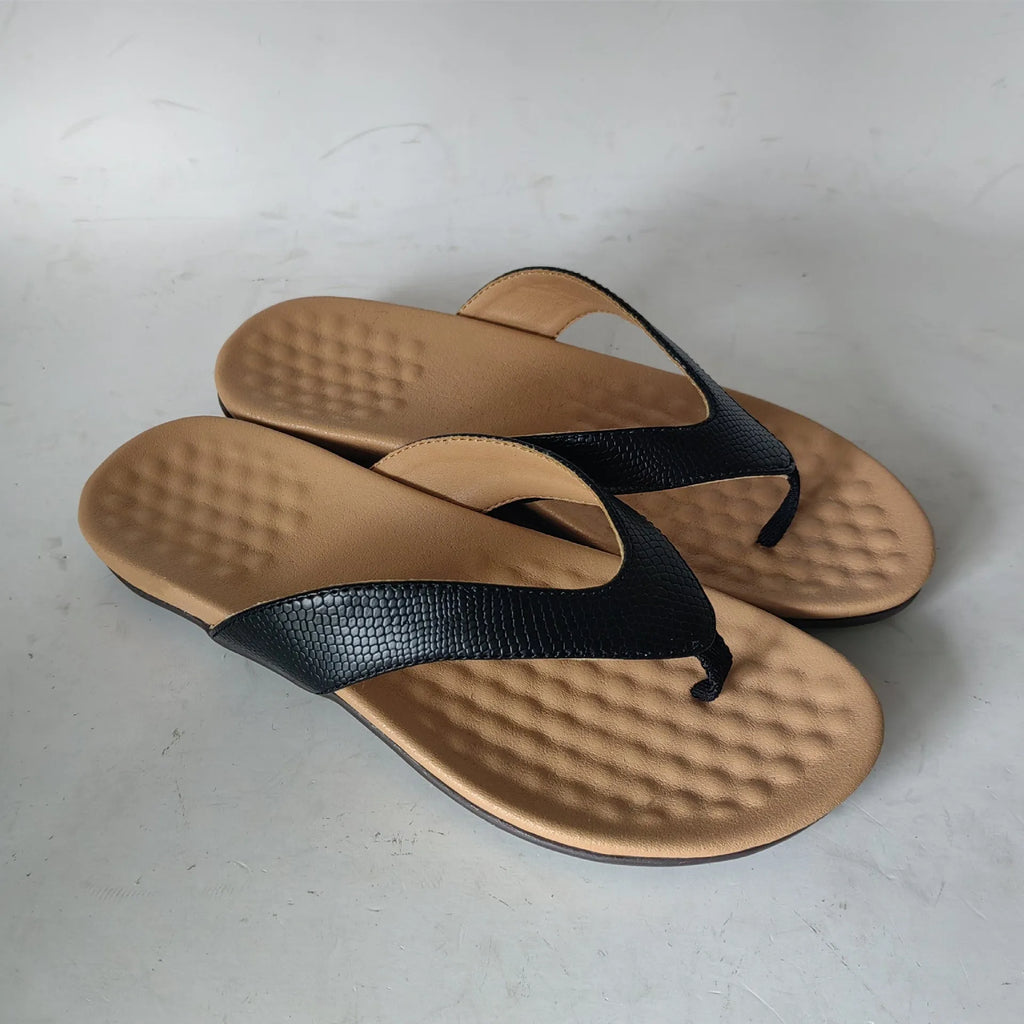 Women's basic plain thong flip flops with PU upper and rubber sole in black white and light brown
