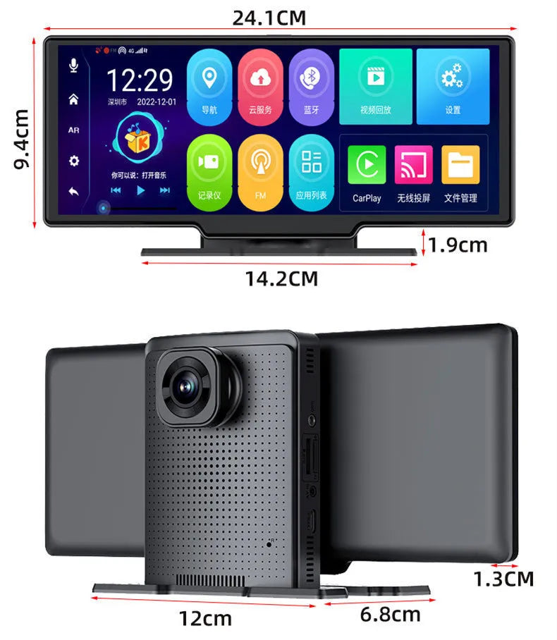 10-inch touchscreen dashboard driving recorder with GPS navigation and dual camera recording